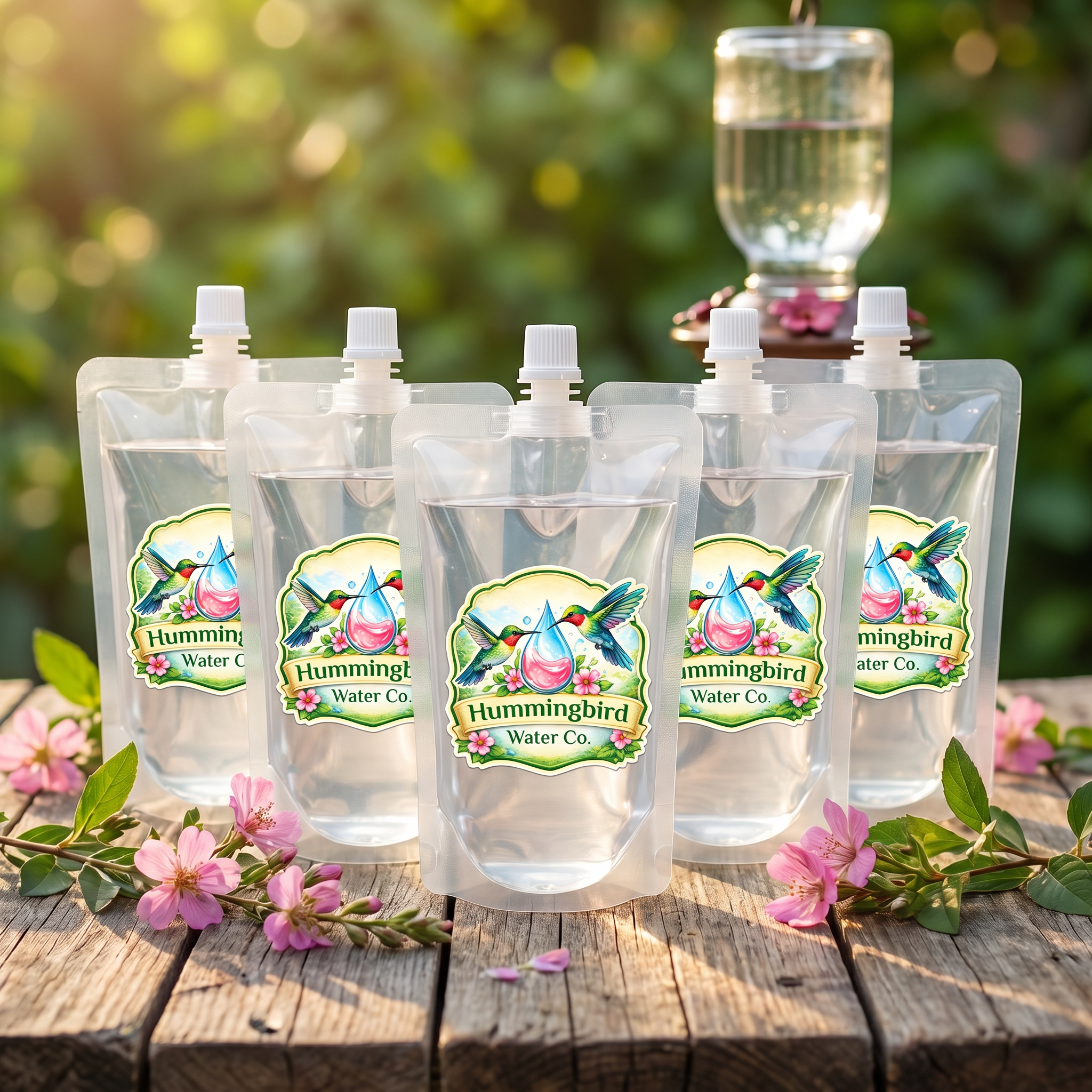 Multiple Hummingbird Water Co. nectar pouches on a wooden table